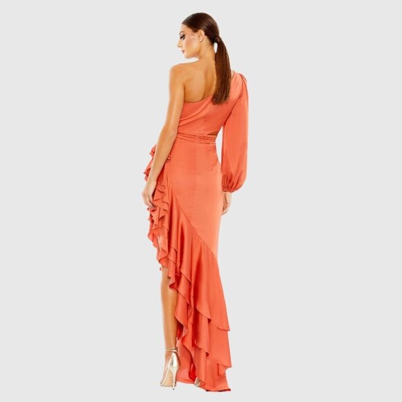 NWT Mac Duggal One Sleeve Cut Out Asymmetrical Ruffled Gown 6 Orange #8127 - Picture 4 of 8